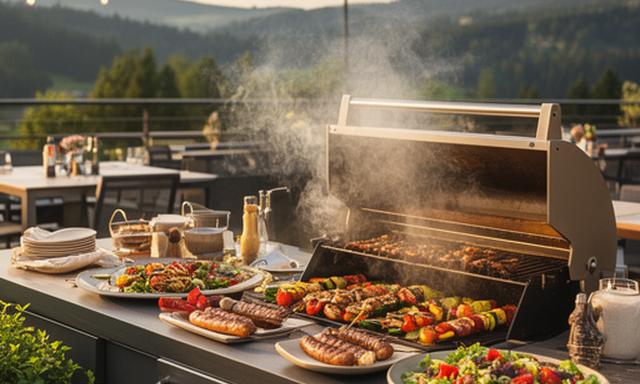 BBQ-Station auf einer Terrasse für eine sommerliche Firmenveranstaltung