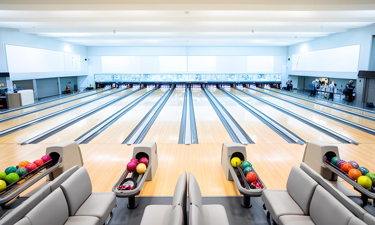 Panoramablick über zwölf Bowlingbahnen in der hellen Halle von Ortlieb Bowling GmbH in Schneeberg