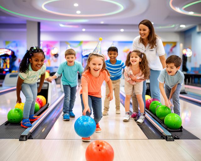 Lachende Kinder beim Bowling in einer hell beleuchteten Bahn mit bunten Kugeln und Bumpern